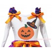 Halloween White Tank Top With Pumpkin Witch Hat & Pumpkin Print with Dark Purple Pumpkin Ruffles & Orange Bow TB405 